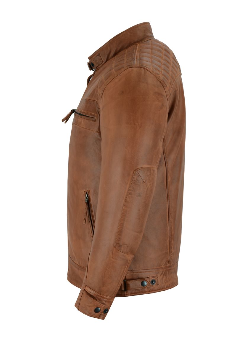 Vance Leather Men's Cafe Racer Waxed Lambskin Austin Brown Motorcycle Leather Jacket