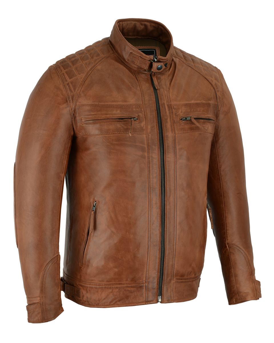 Vance Leather Men's Cafe Racer Waxed Lambskin Austin Brown Motorcycle Leather Jacket