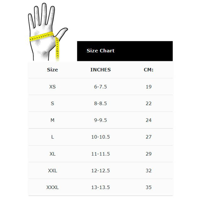 Vance VL480B Denim & Leather Motorcycle Gloves (Black) with Mobile Phone Touchscreen - Size chart