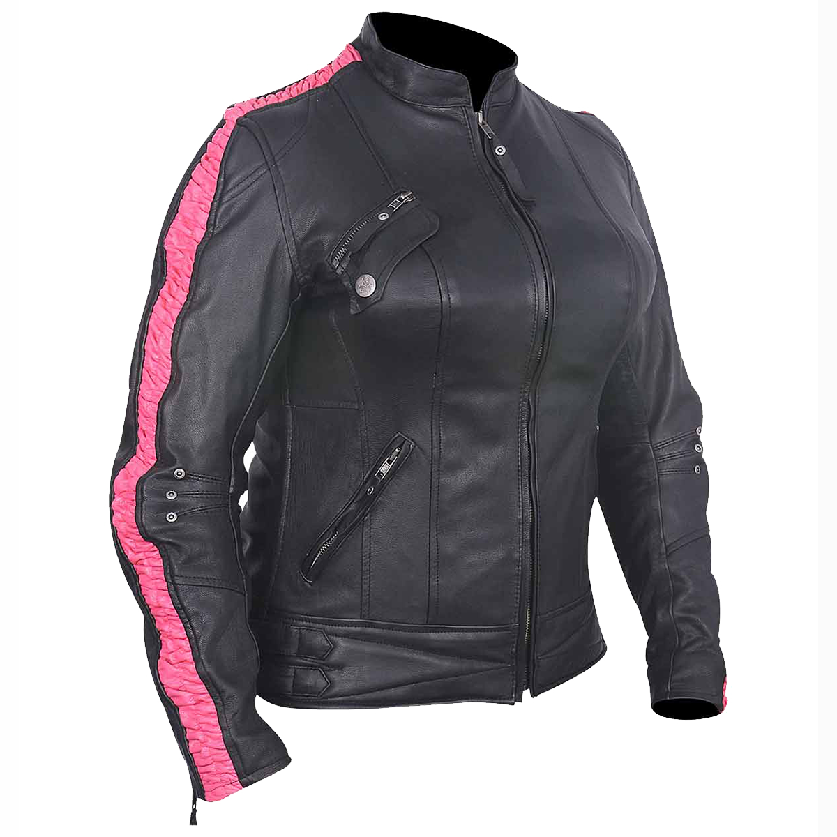 HML633 Ladies Premium Leather Jacket w/Scrunch Sides (available w/black, purple or fuchsia)
