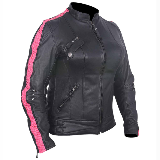 HML633 Ladies Premium Leather Jacket w/Scrunch Sides (available w/black, purple or fuchsia)