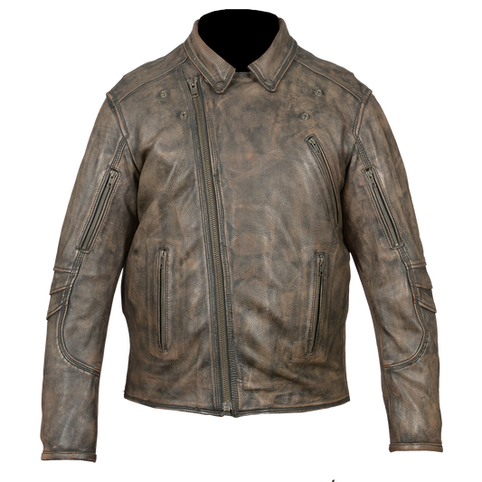 HMM517DB Men's Distressed Brown Leather Racer Jacket with Vents