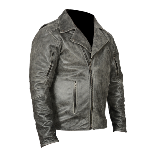 HMM517DG Men's Distressed Gray Leather Racer Jacket with Vents