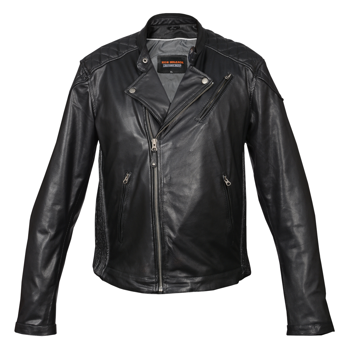 HMM521 High Mileage Men's Black Leather Jacket with Diamond Stitched Shoulders