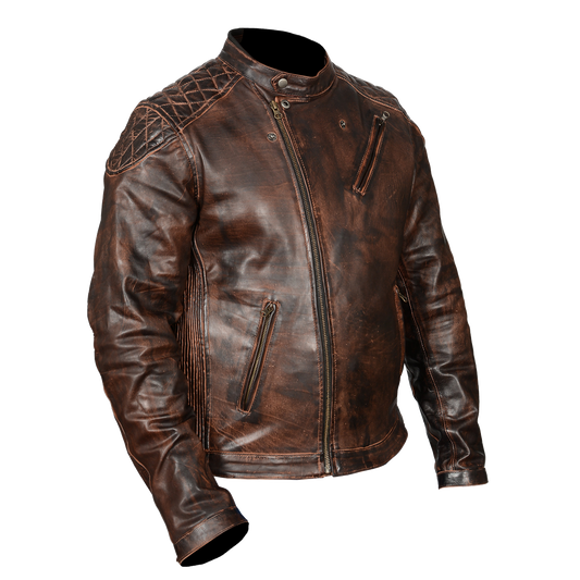 HMM521VB High Mileage Men's Vintage Brown Leather Jacket with Diamond Stitched Shoulders
