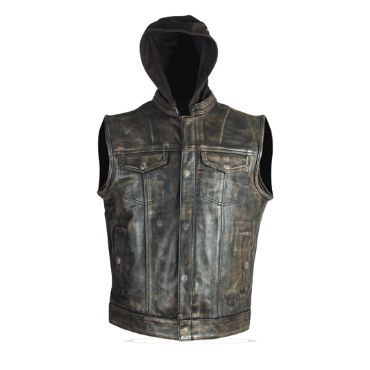 HMM914HDB Distressed Brown Motorcycle Club Leather Vest with Hood