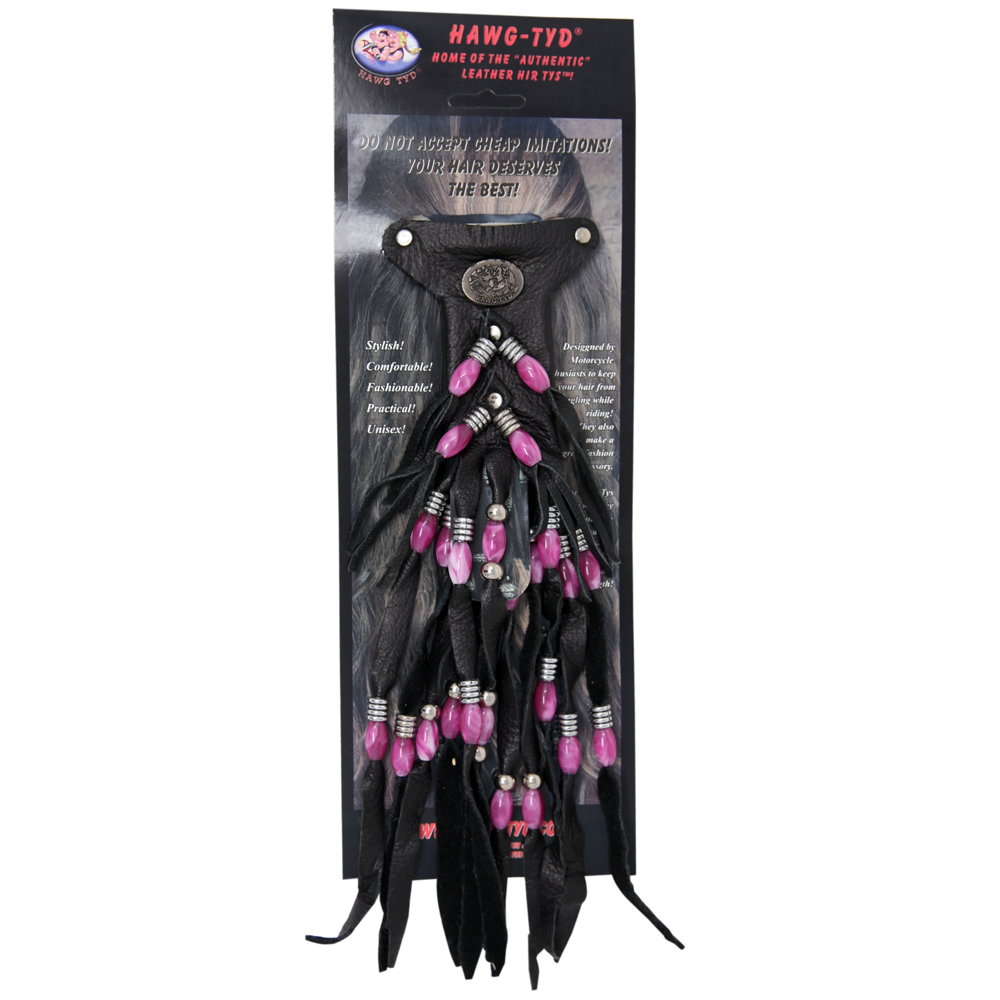 HTFuchsia "Hawg Tyd" The Authentic Leather Hair TYS - Fuchsia Beads