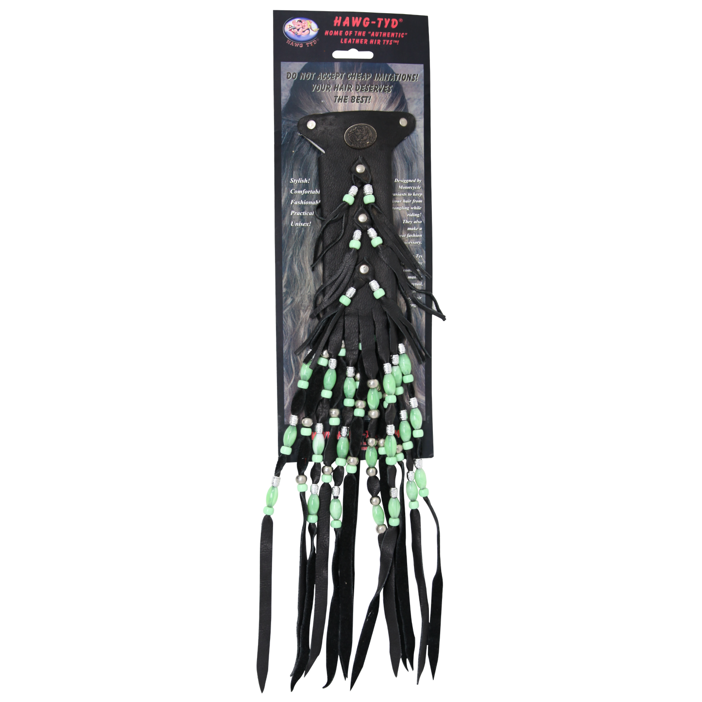 HT118s "Hawg Tyd" The Authentic Leather Hair TYS - 18" Green Beaded