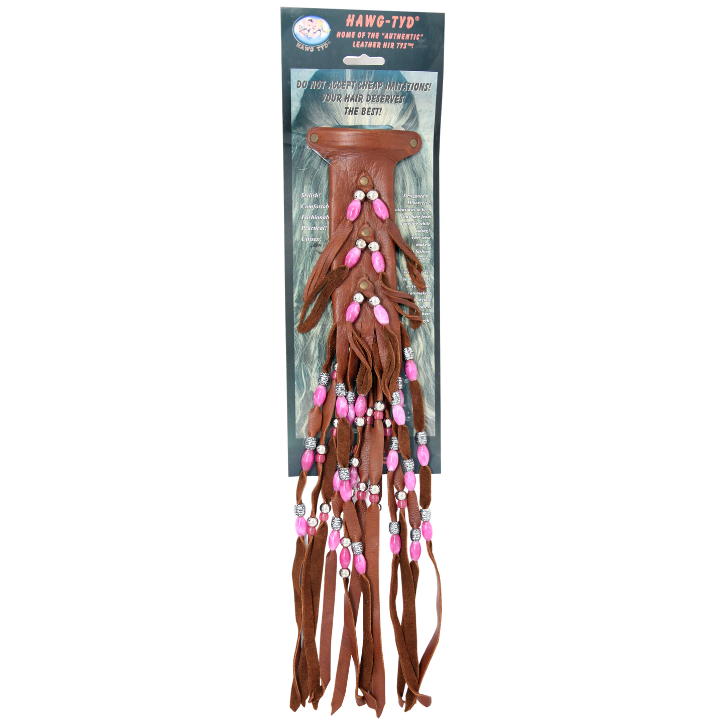 HTFuchsia "Hawg Tyd" The Authentic Leather Hair TYS - Fuchsia Beads