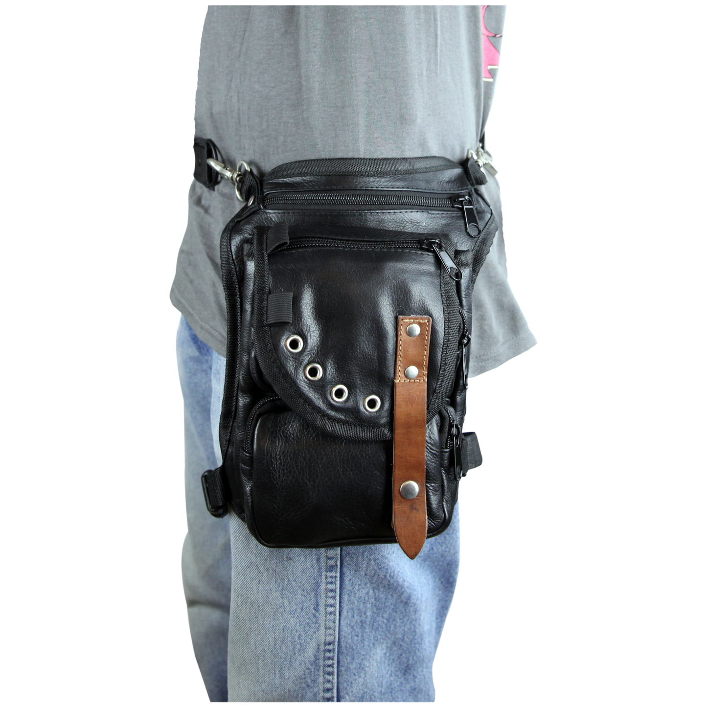 VA566 Black Carry Leather Thigh Bag with Waist Belt and concealed Gun Pocket