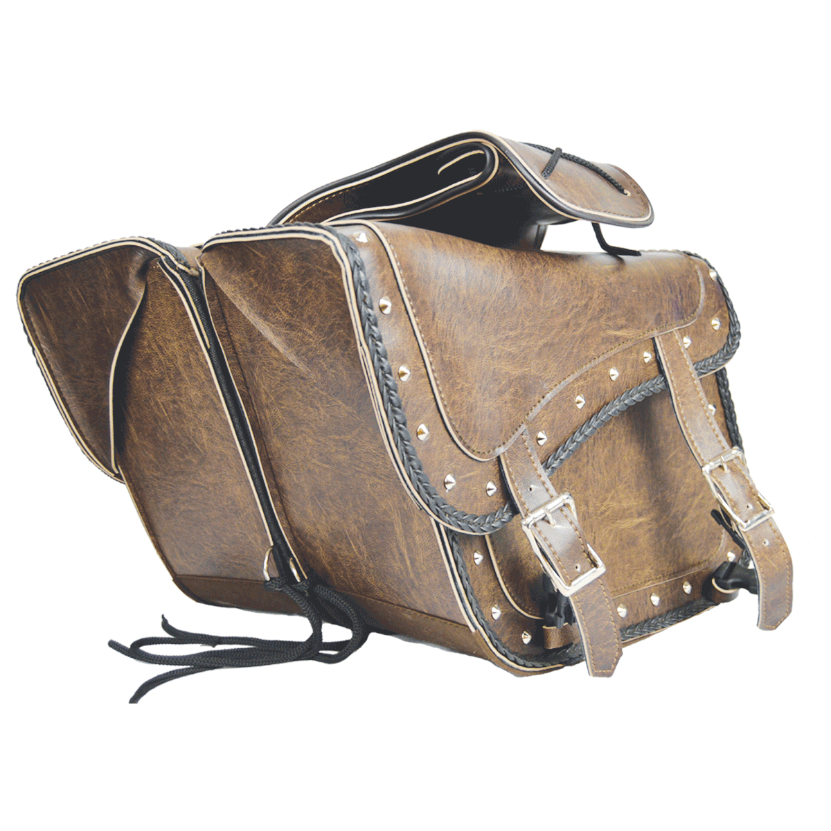 VS205DB Slanted Distressed Brown Concealed Carry Braided Saddlebags with and without Studs