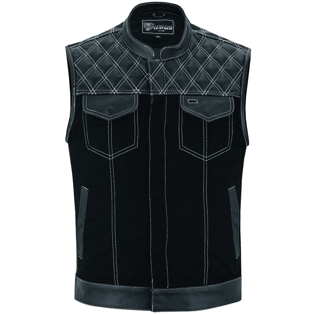 Vance-Leathers-VB924WH-Men's-Denim-Leather-Motorcycle-Vest-with-White-Stitching-front-view