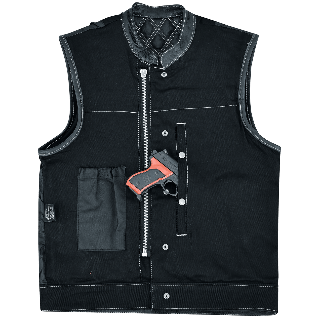 Vance-Leathers-VB924WH-Men's-Denim-Leather-Motorcycle-Vest-with-White-Stitching-conceal-carry-pocket