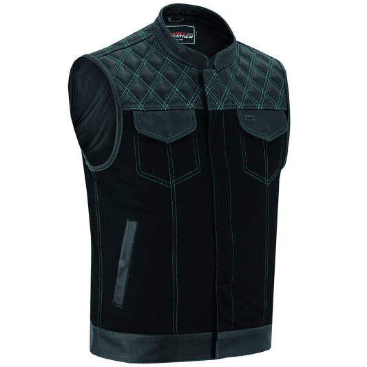 Vance-Leathers-VB924GN-Men's-Denim-Leather-Motorcycle-Vest-with-Green-Stitching-main