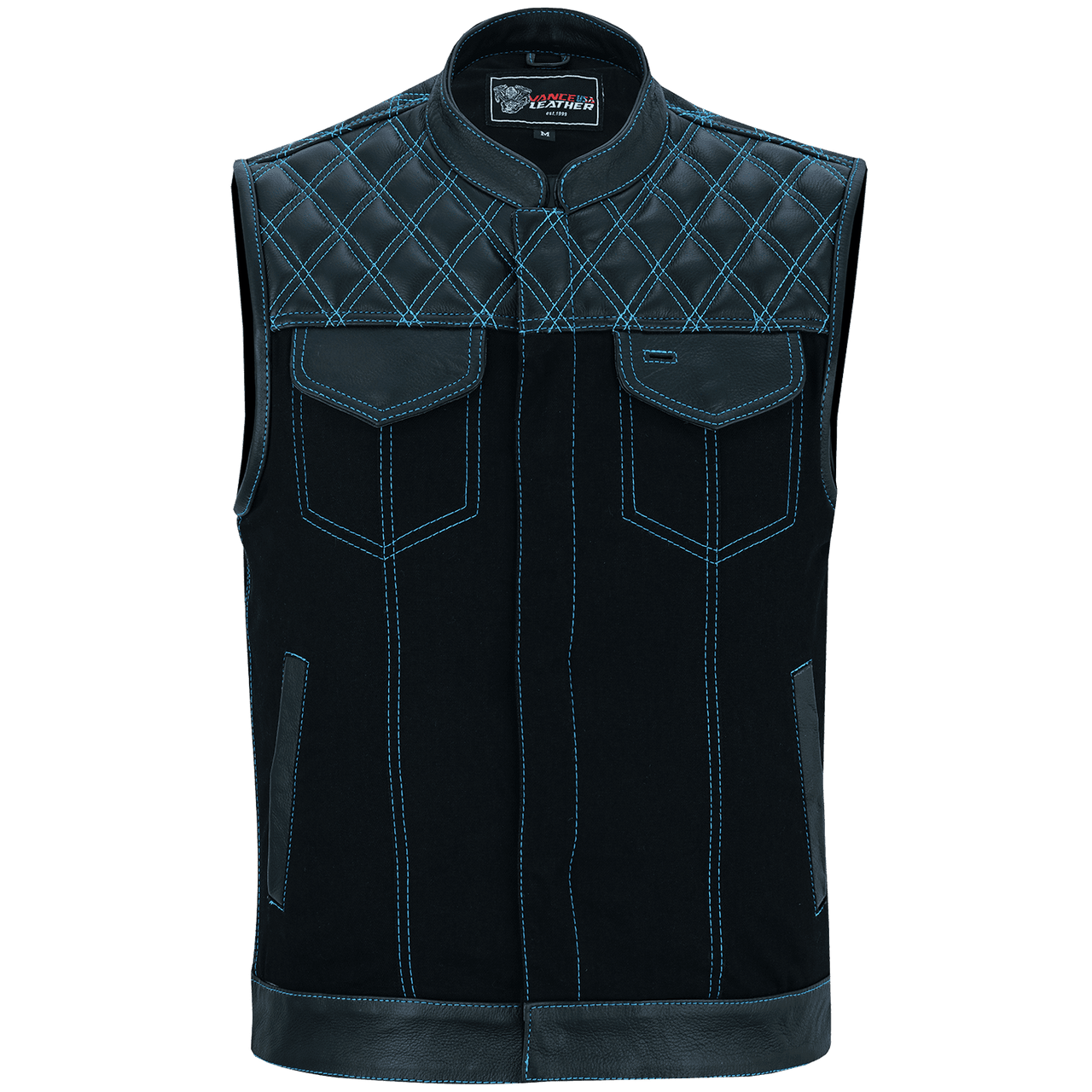 Vance-Leathers-VB924BL-Men's-Denim-Leather-Motorcycle-Vest-with-Blue-Stitching-front-view