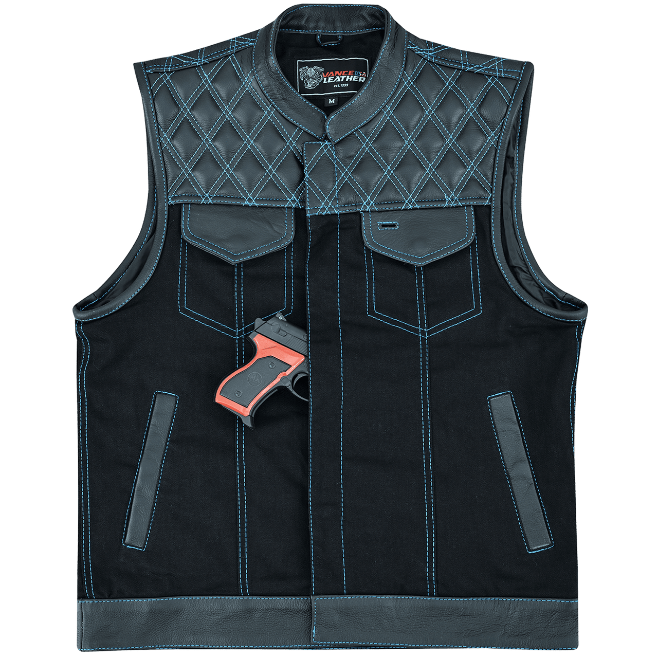 Vance-Leathers-VB924BL-Men's-Denim-Leather-Motorcycle-Vest-with-Blue-Stitching-inside-pocket