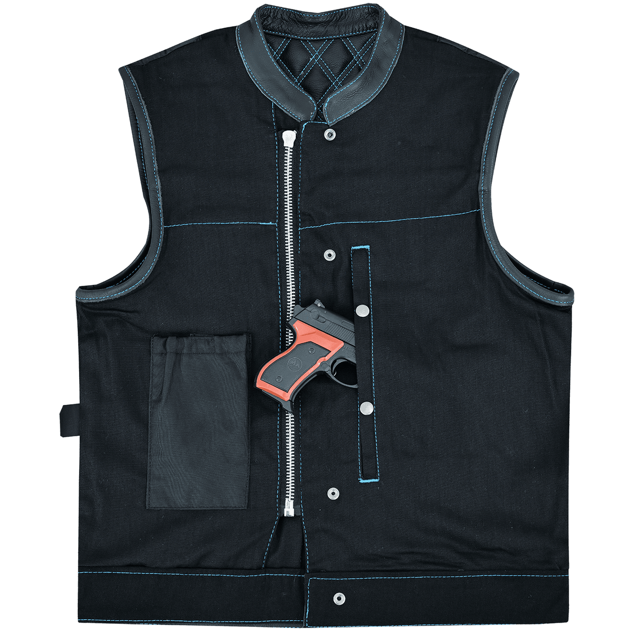 Vance-Leathers-VB924BL-Men's-Denim-Leather-Motorcycle-Vest-with-Blue-Stitching-conceal carry pocket