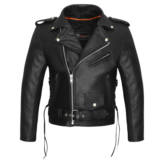 Men's-Premium-Classic-Police-Style-Motorcycle-Black-Leather-Jacket-Conceal-Carry-Side-lace-Removeable-Quilted-Liner-front-view
