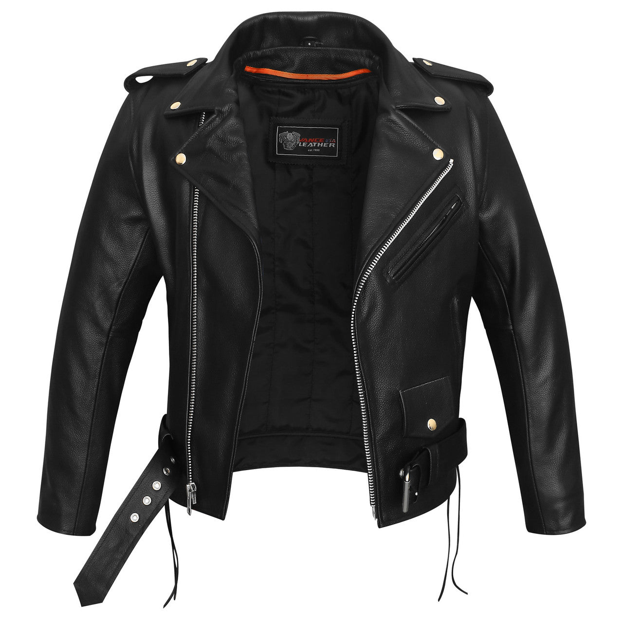 Men's-Premium-Classic-Police-Style-Motorcycle-Black-Leather-Jacket-Conceal-Carry-Side-lace-Removeable-Quilted-Liner-front-open-view