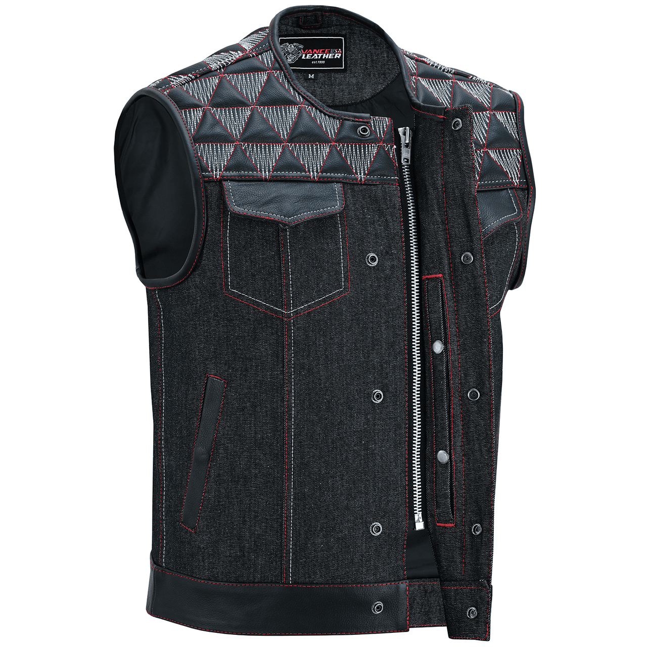 Men's-Denim-Leather-Motorcycle-Vest-with-Conceal-Carry-Pockets-SOA-Biker-Club-Vest-Red-White-Stitching-dual-zipper