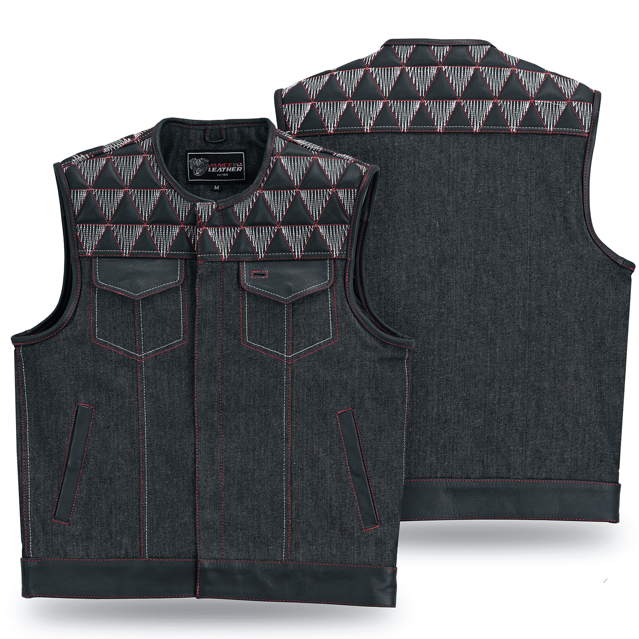 Men's-Denim-Leather-Motorcycle-Vest-with-Conceal-Carry-Pockets-SOA-Biker-Club-Vest-Red-White-Stitching-Front-back-view
