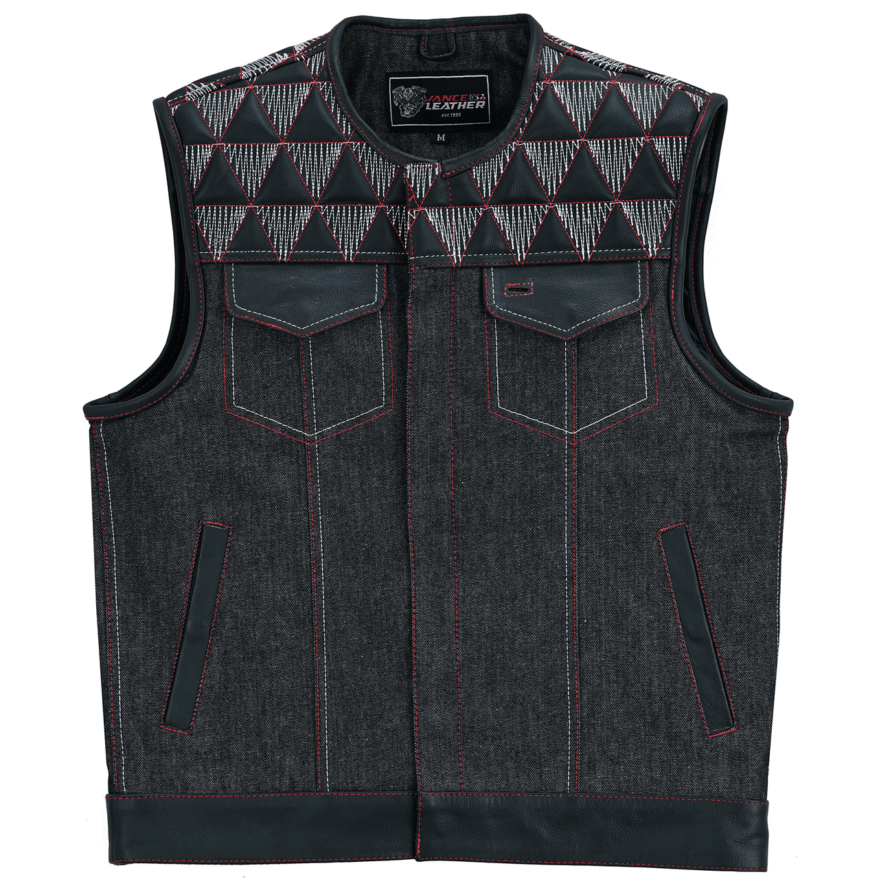 Men's-Denim-Leather-Motorcycle-Vest-with-Conceal-Carry-Pockets-SOA-Biker-Club-Vest-Red-White-Stitching-Front-view