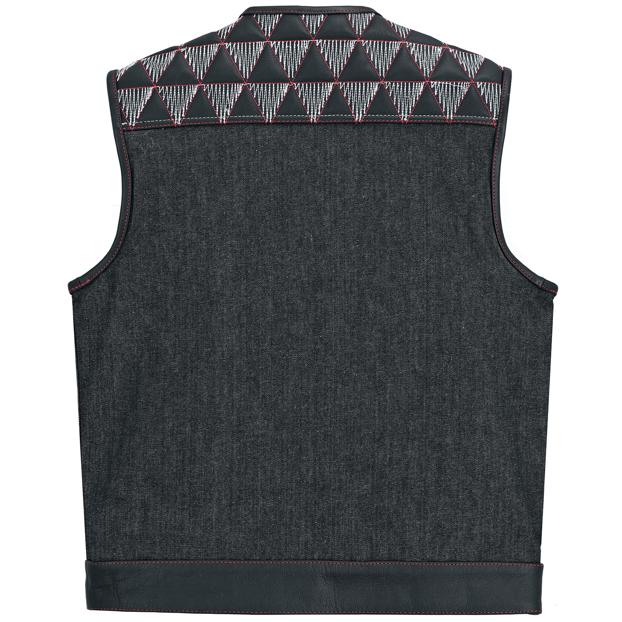 Men's-Denim-Leather-Motorcycle-Vest-with-Conceal-Carry-Pockets-SOA-Biker-Club-Vest-Red-White-Stitching-back-view