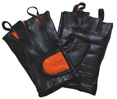 VL430 Vance Leather Black and Orange Padded Palm Fingerless Glove with Pull Tabs - Daytona Bikers Wear