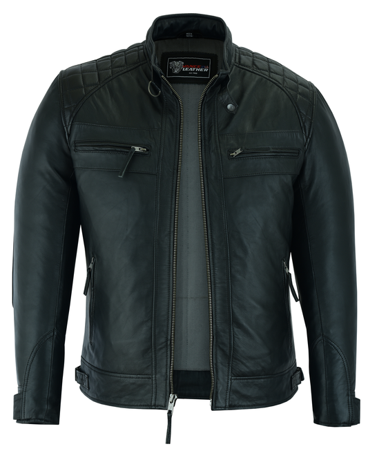 Vance Leather Men's Cafe Racer Gatsby Black Waxed Lambskin Motorcycle Leather Jacket