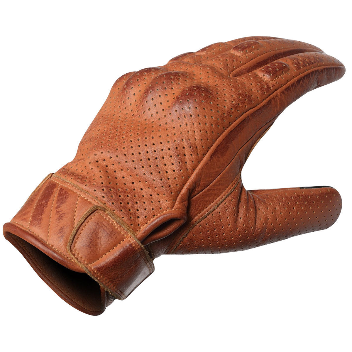 VL412Br Men's Premium Waxed Austin Brown Leather Perforated Motorcycle Gloves