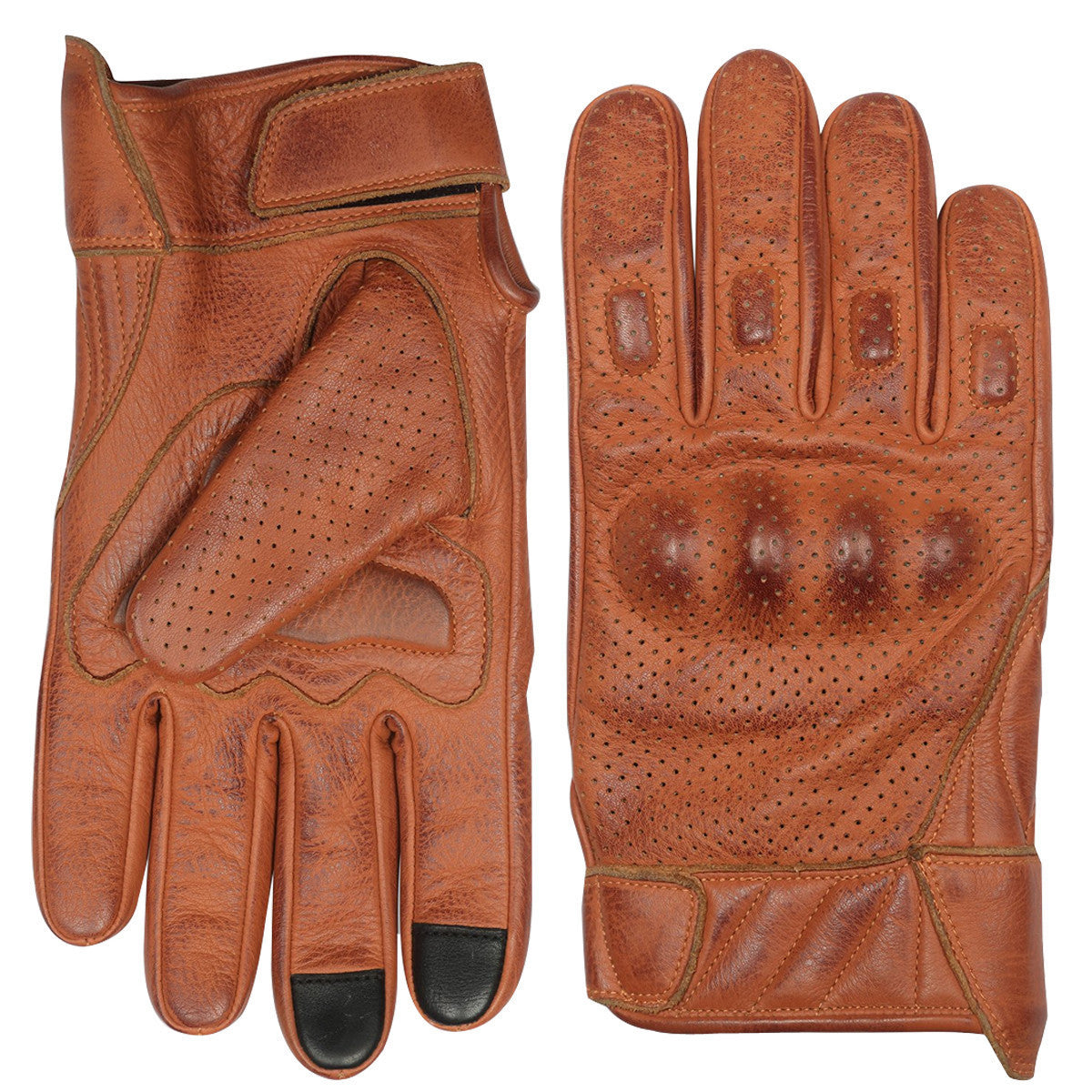 VL412Br Men's Premium Waxed Austin Brown Leather Perforated Motorcycle Gloves - Detail