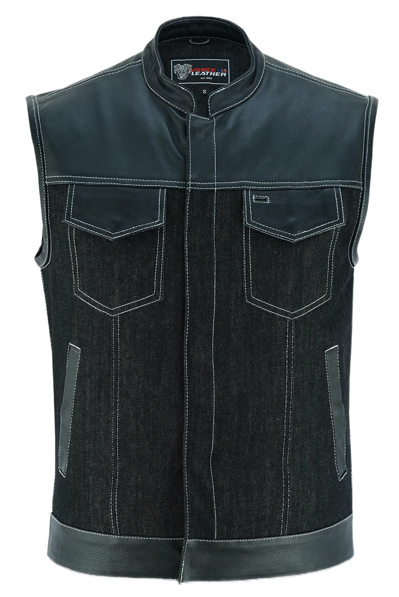Mens-Denim-Leather-Vest-with-White-Stitching-front