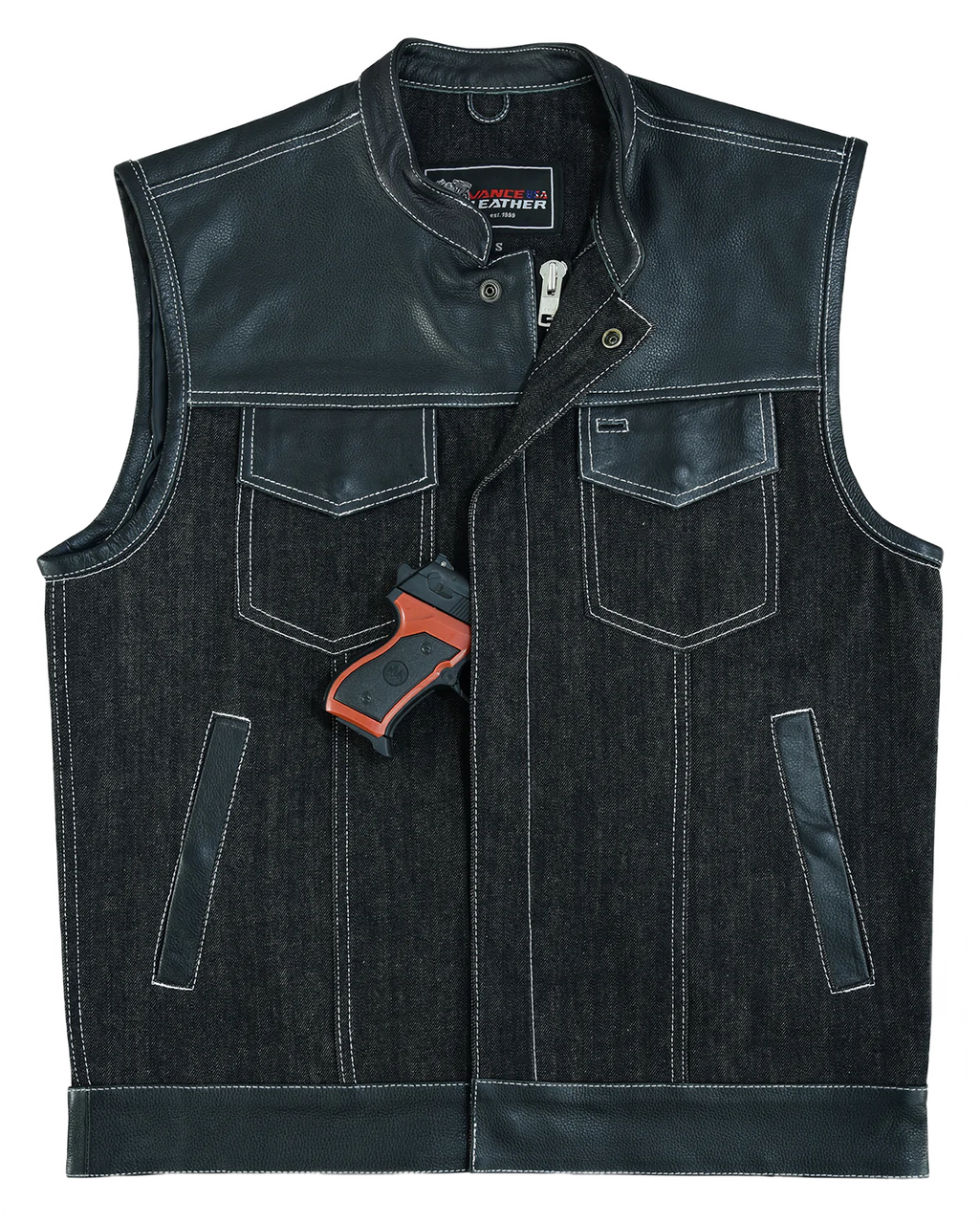 Mens-Denim-Leather-Vest-with-White-Stitching-front
