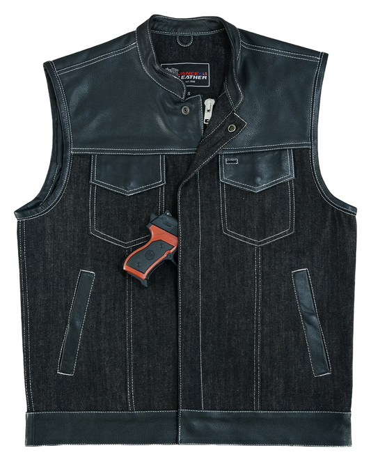 Mens-Denim-Leather-Vest-with-White-Stitching-front