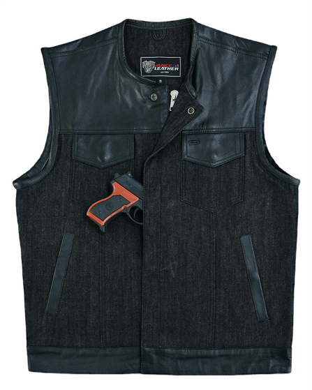 Mens-Collarless-Black-Denim-Leather-Vest-front