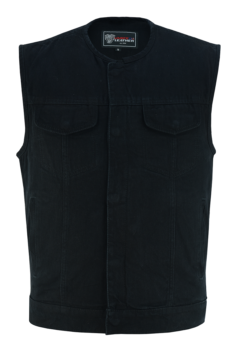 Mens-Black-Denim-Collarless-Vest-front