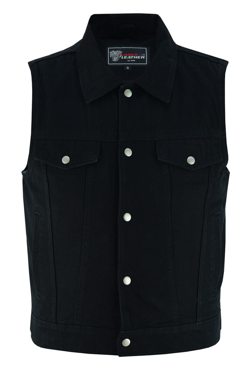 Mens Black Jean Style Denim Motorcycle Vest - Front