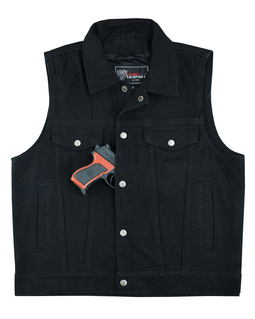 Mens Black Jean Style Denim Motorcycle Vest - Flat