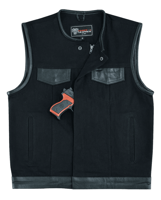 Denim-Black-Collarless-Club-Vest-Leather-trims-front