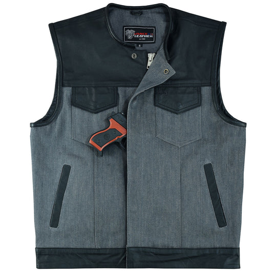 Vance-VB910G Mens-Grey-Denim-Leather-Motorcycle-Vest-CCW-Pockets-front-view-with-gun-packets