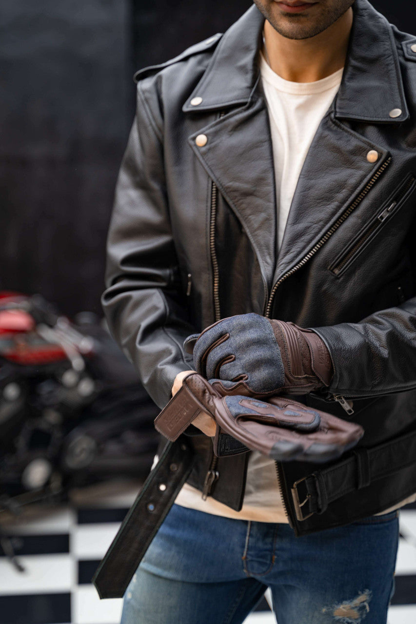 Vance VL480Br Denim and Leather Motorcycle Gloves - pic 1