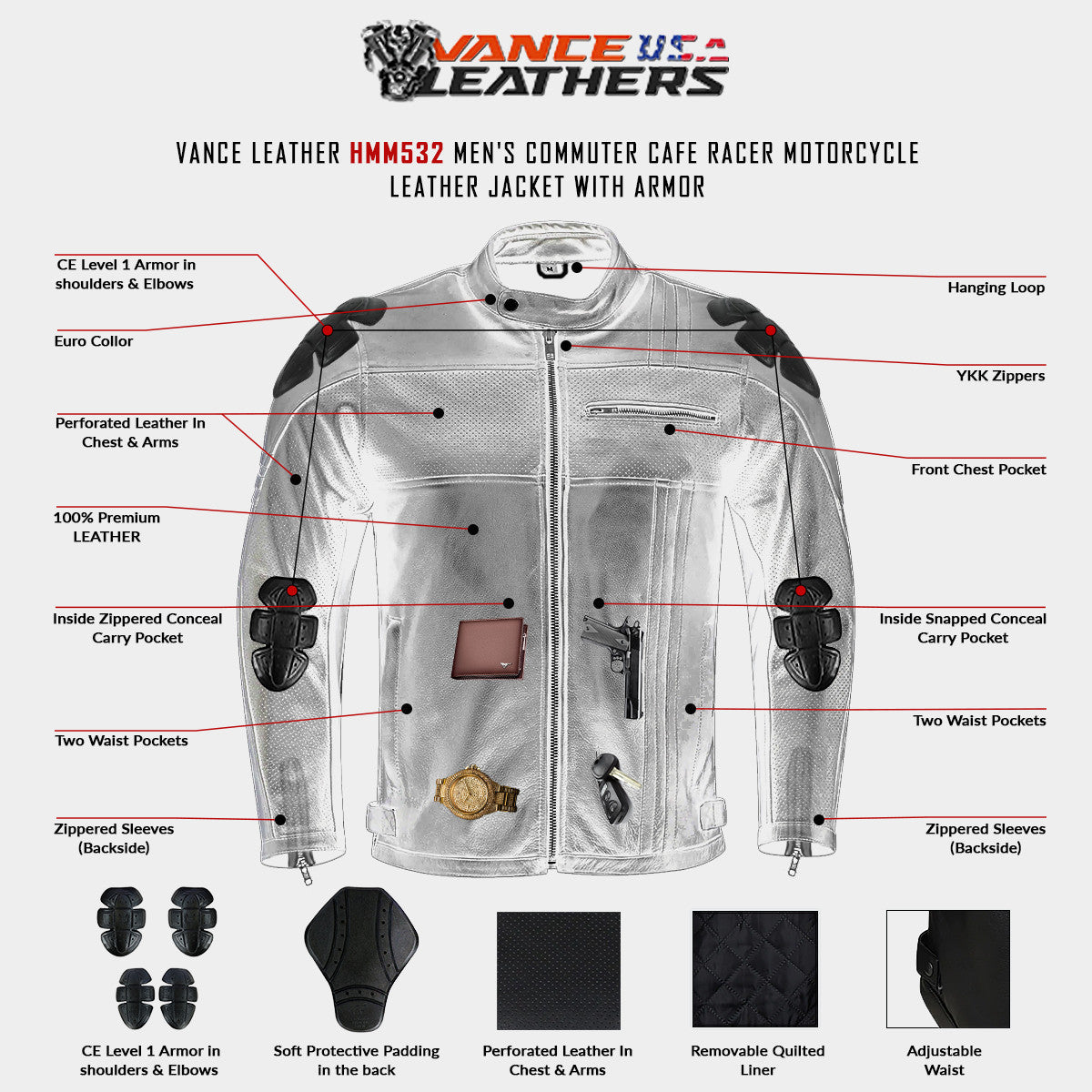 Vance Leather HMM532 Men's Commuter Cafe Racer Motorcycle Leather Jacket with Armor - Infographic