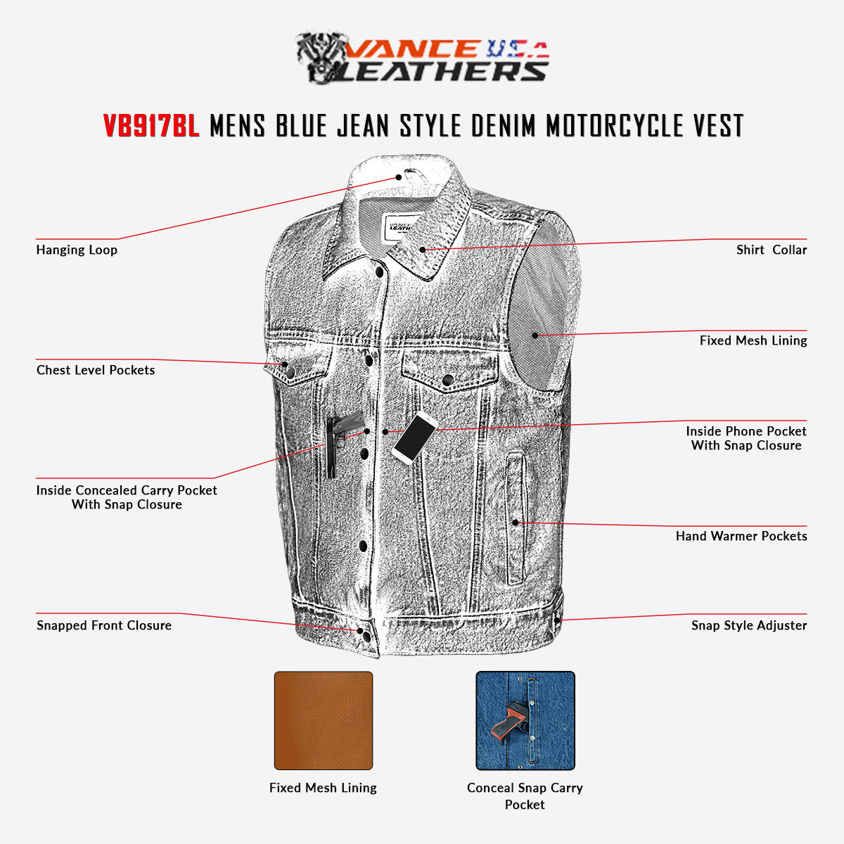 VB917Bl Men's Blue Denim Vest with Collar infographic