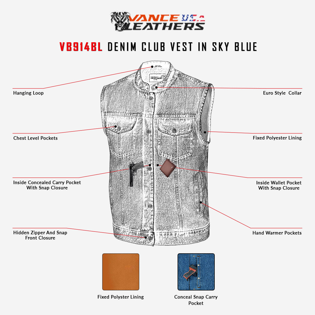 VB914BL Denim Club Vest in Blue infographic
