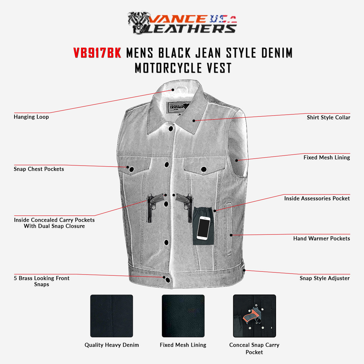VB917 Men's Black Denim Vest with Collar infographic