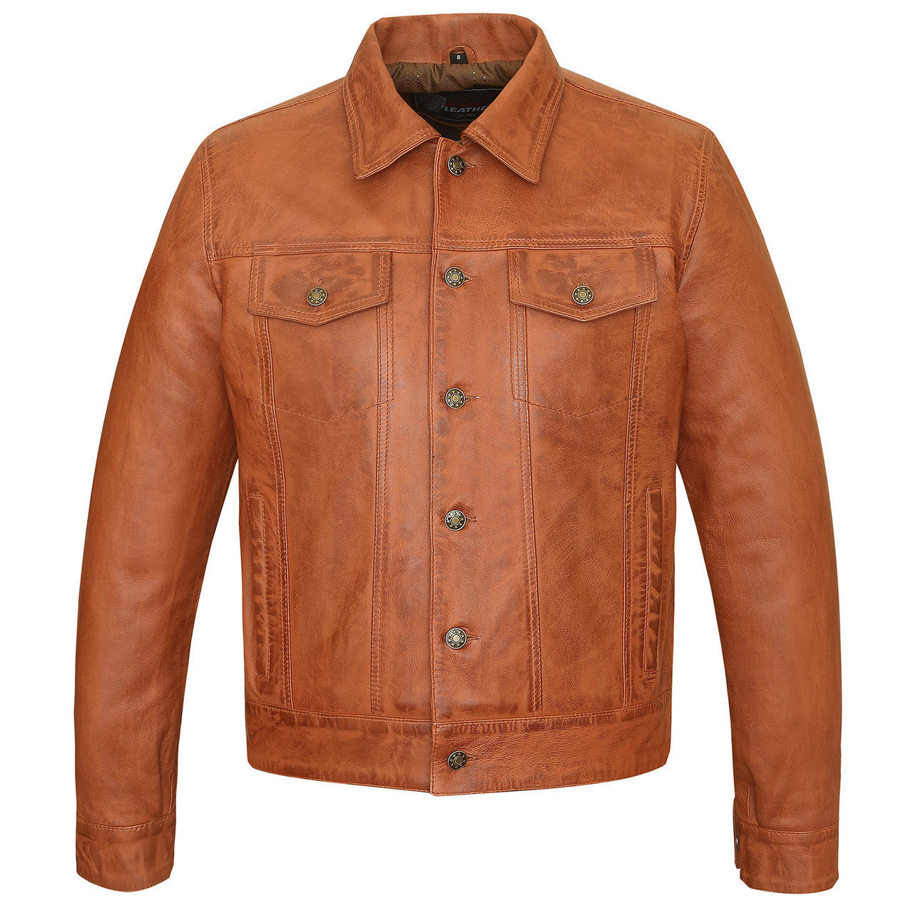 Vance-Leathers-VL555Br-Mens-Austin-Brown-Motorcycle-Trucker-Leather-Jacket-front-view