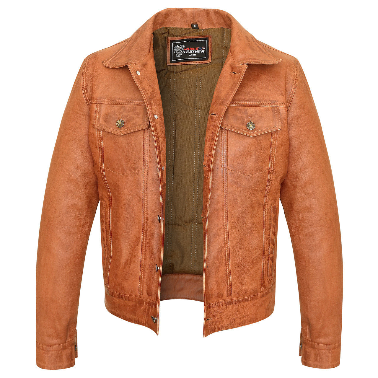 Vance-Leathers-VL555Br-Mens-Austin-Brown-Motorcycle-Trucker-Leather-Jacket-front-view