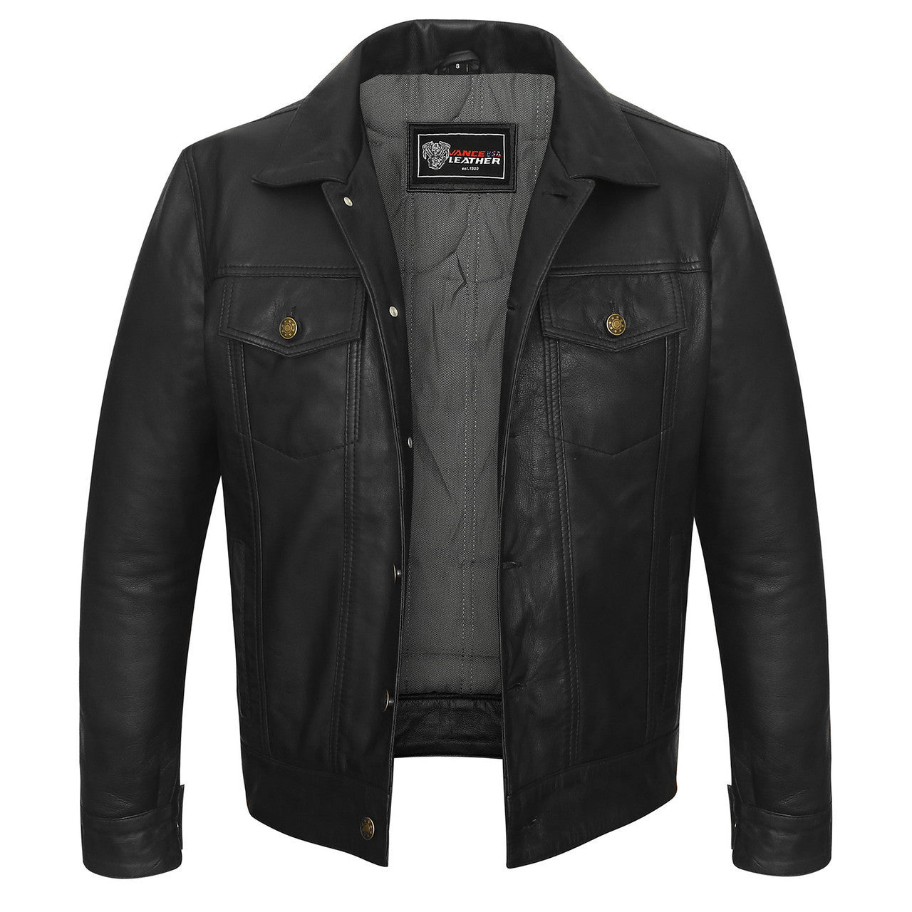 Vance-Leathers-VL555B-Mens-Black-Motorcycle-Trucker-Leather-Jacket-front-view