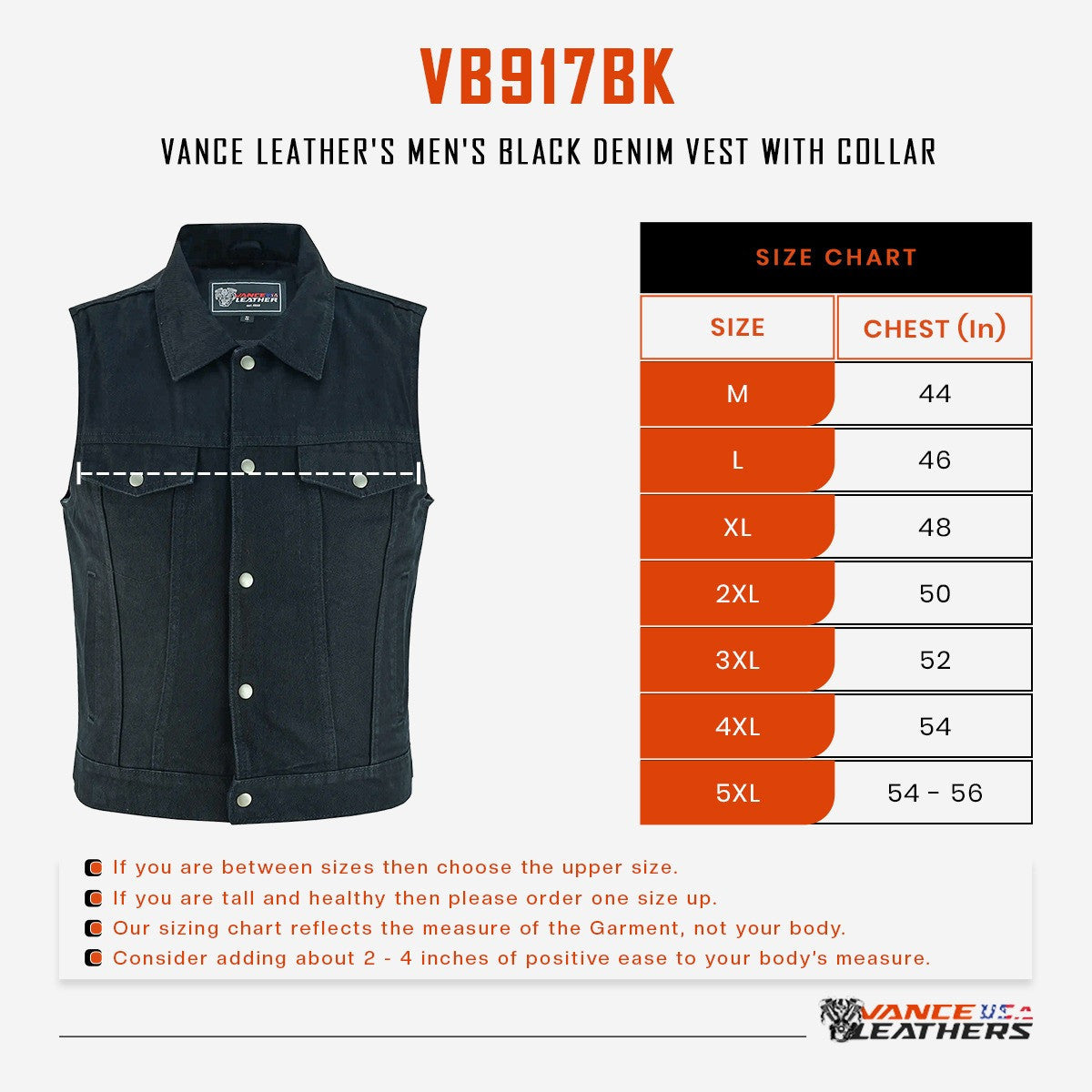 Mens Black Jean Style Denim Motorcycle Vest - sizechart