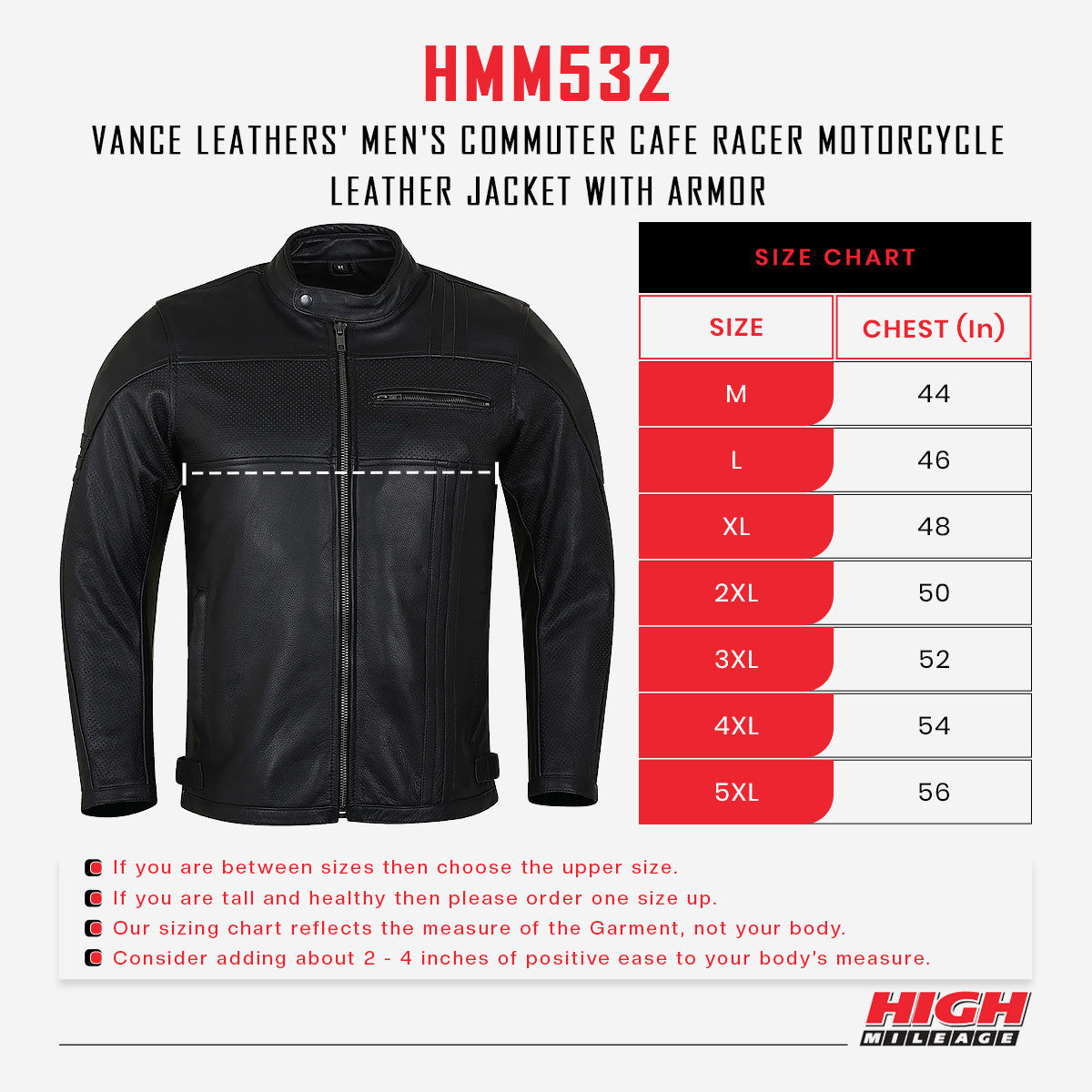 Vance Leather HMM532 Men's Commuter Cafe Racer Motorcycle Leather Jacket with Armor - size chart